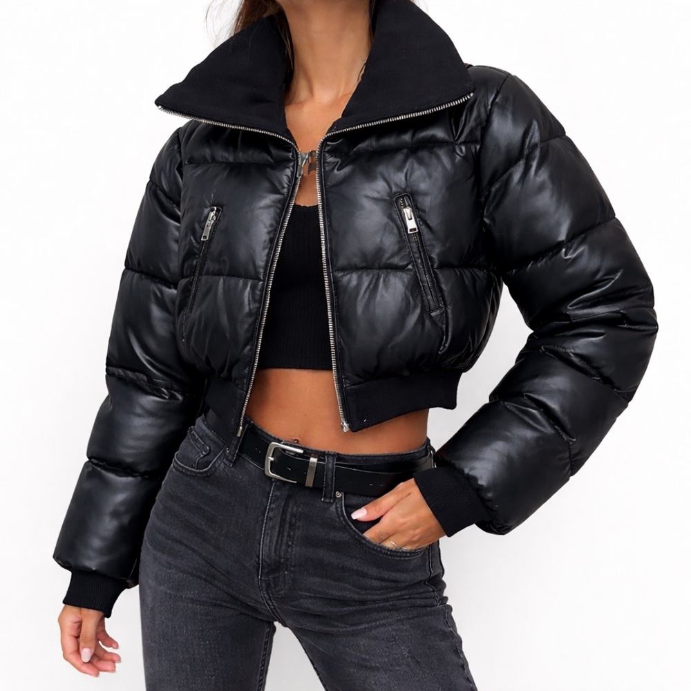 LAMARQUE Black Leather Cropped Puffer Jacket XS New